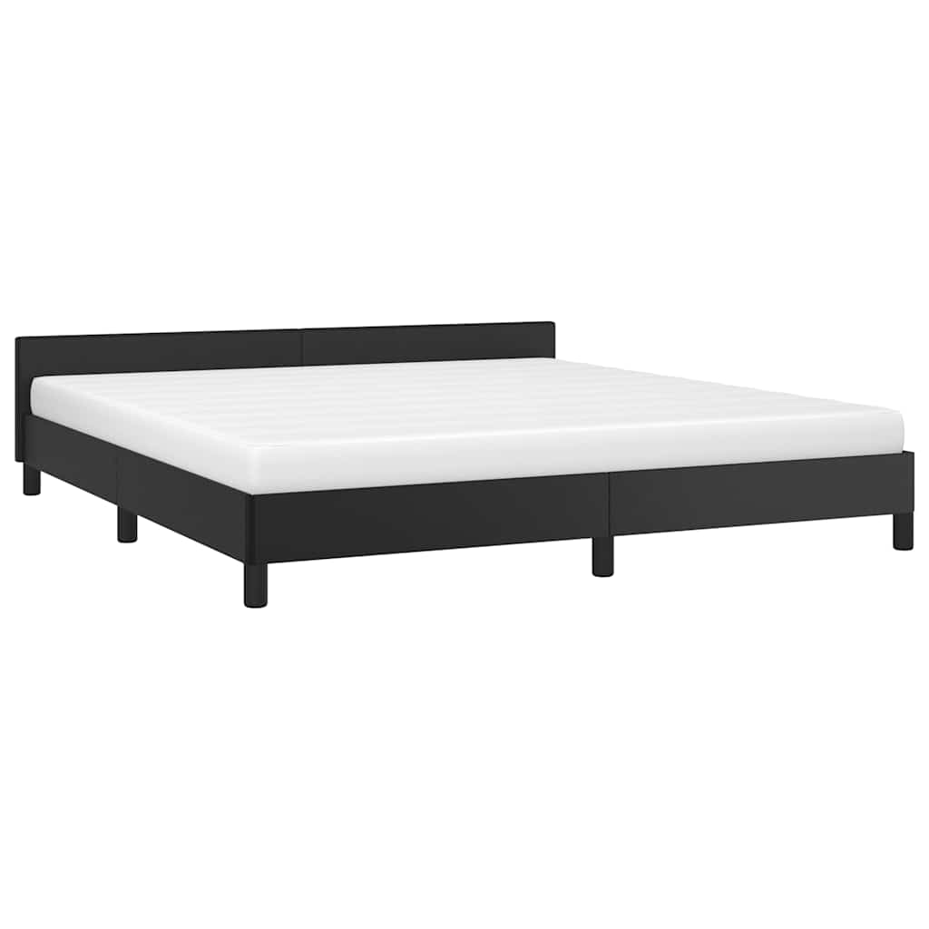 Black upholstered platform bed frame with white mattress
