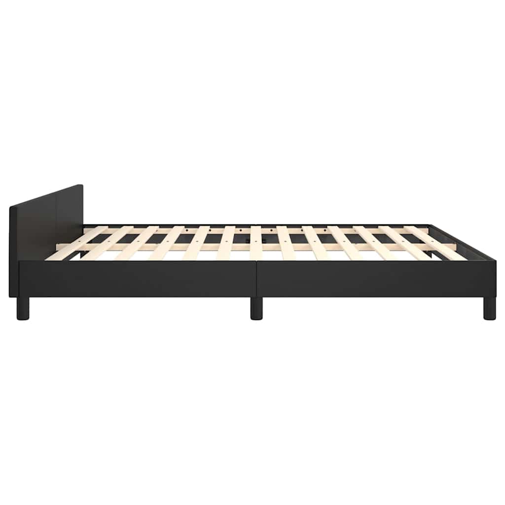 Black upholstered platform bed frame with wooden slats