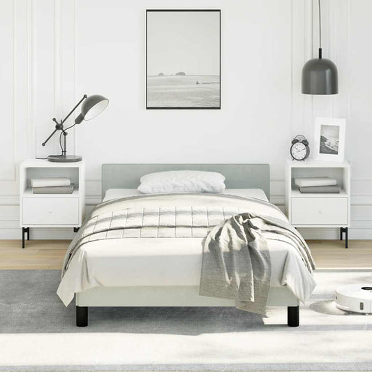 Modern minimalist platform bed frame with upholstered headboard and matching nightstands