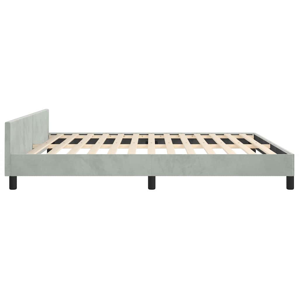 Modern gray upholstered bed frame with wooden slats