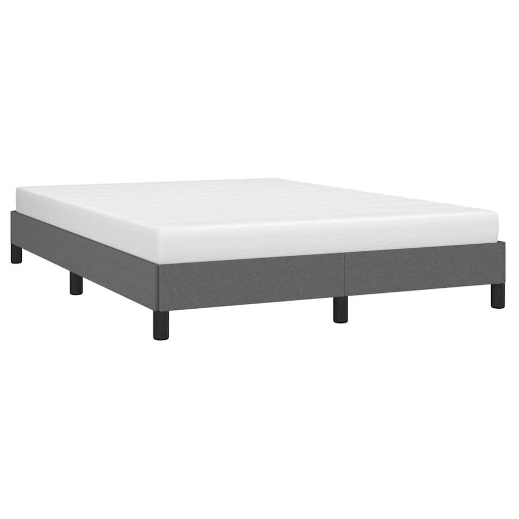 Modern grey upholstered platform bed frame with a minimalist design and dark legs
