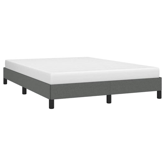 Modern grey upholstered platform bed frame with a minimalist design and dark legs