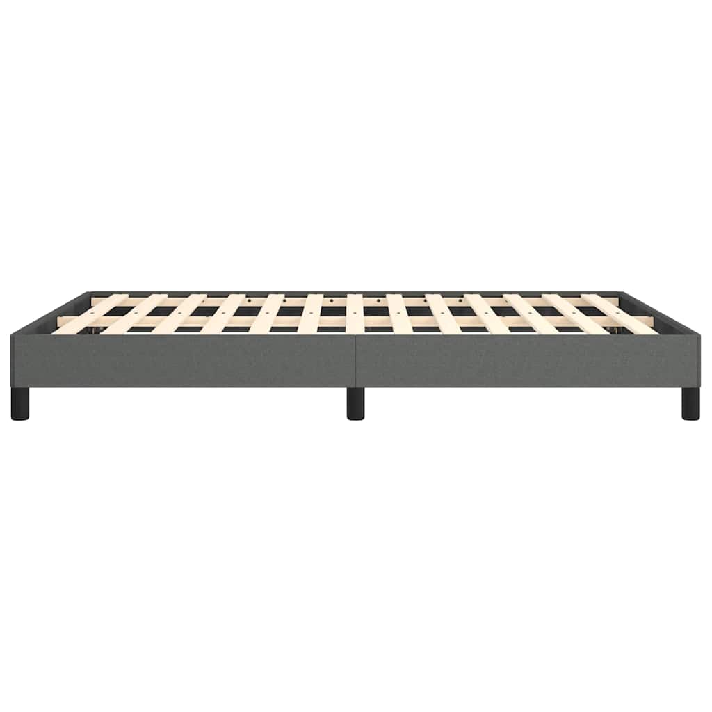 Dark gray upholstered bed frame with wooden slats