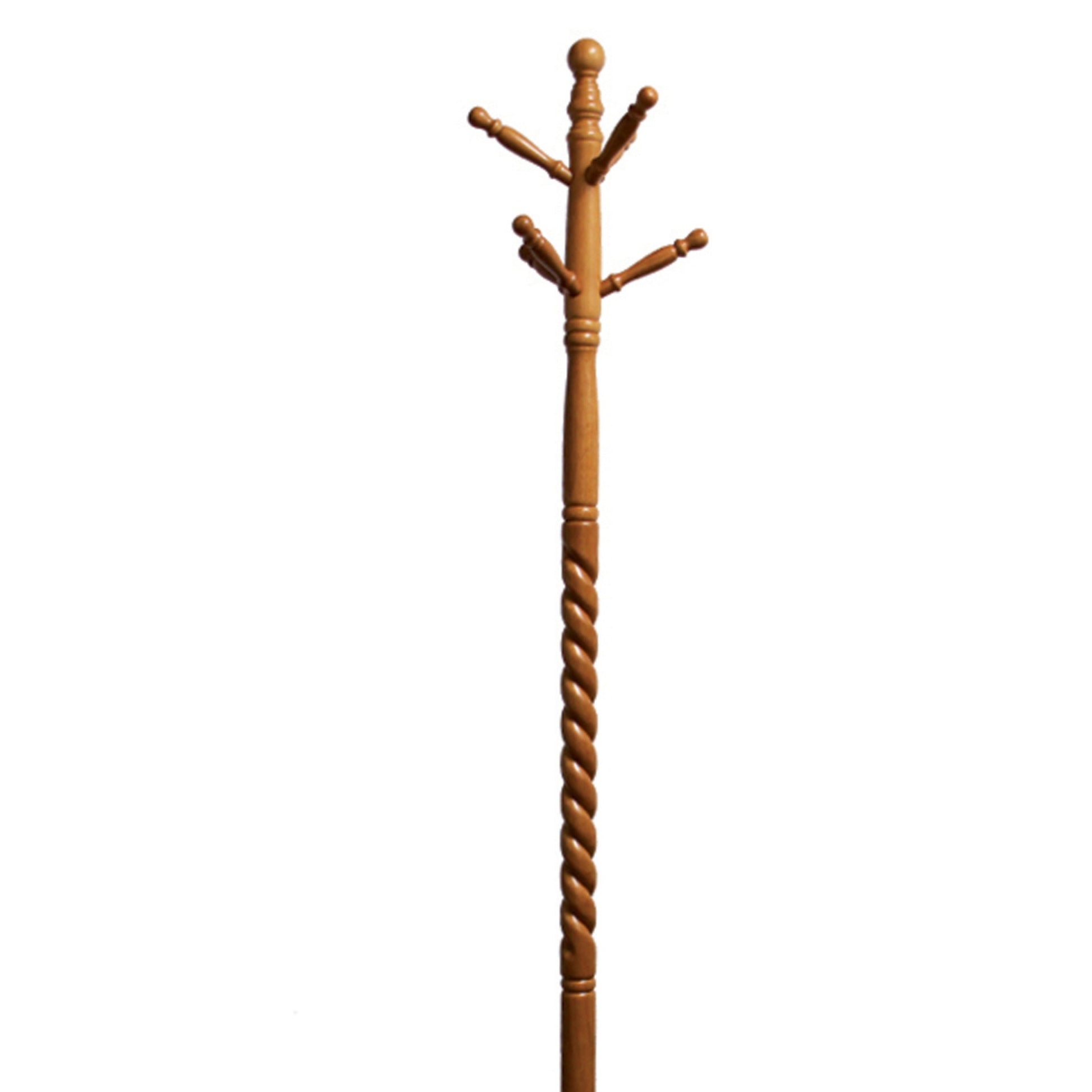 Wooden coat rack with twisted base and multiple hooks