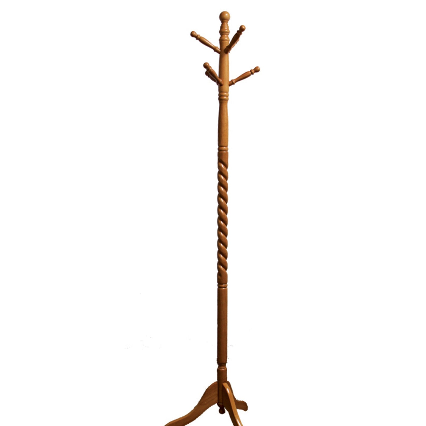 Wooden hall tree with twisted trunk and multiple hooks for coats