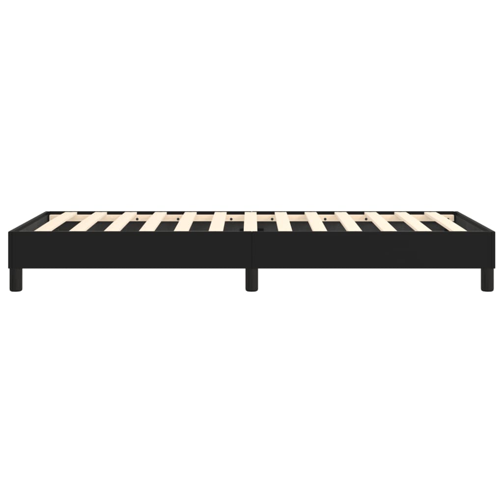 Black upholstered bed frame with wooden slats