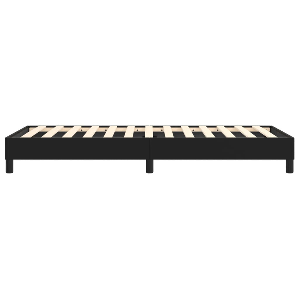 Black upholstered bed frame with wooden slats