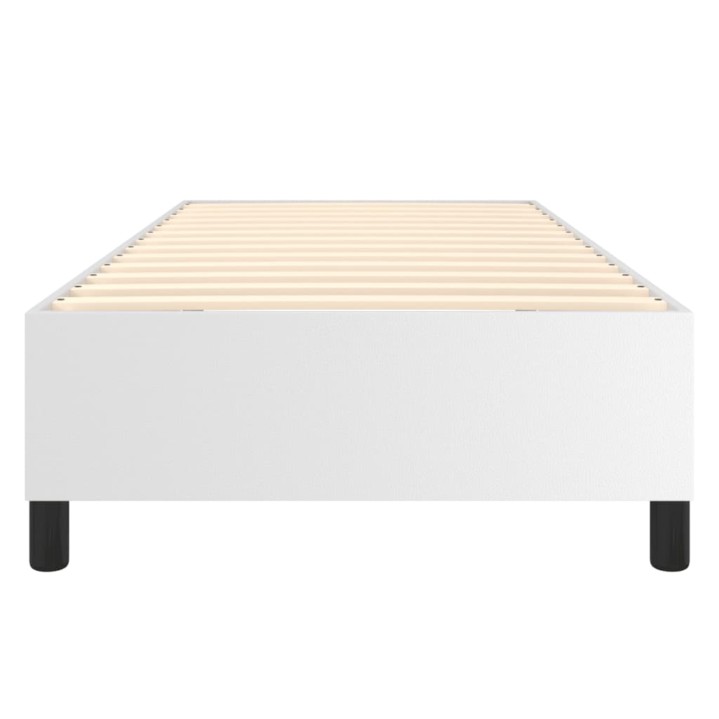 White wooden bed frame with slats and black legs