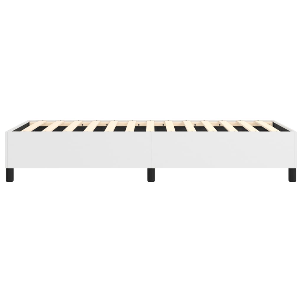 White platform bed frame with black legs and wooden slats