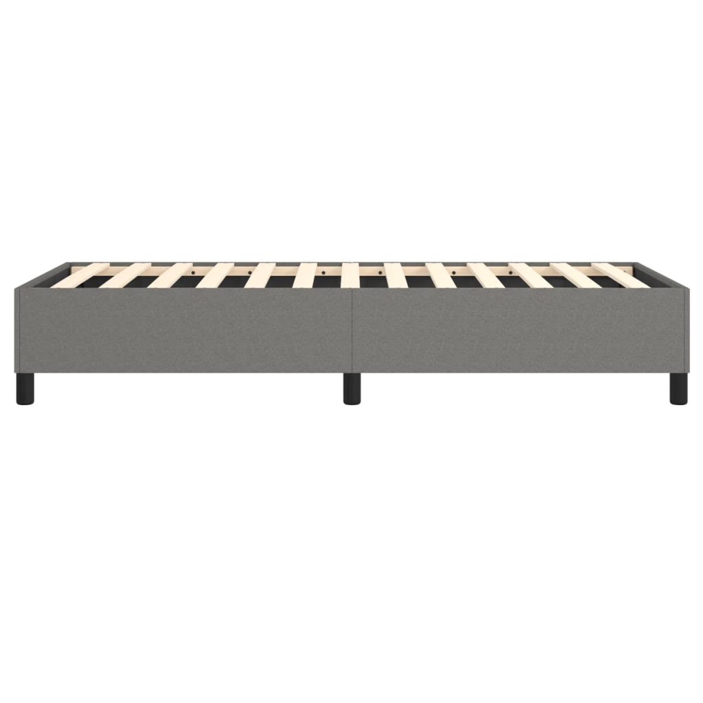 Grey upholstered bed frame with wooden slats