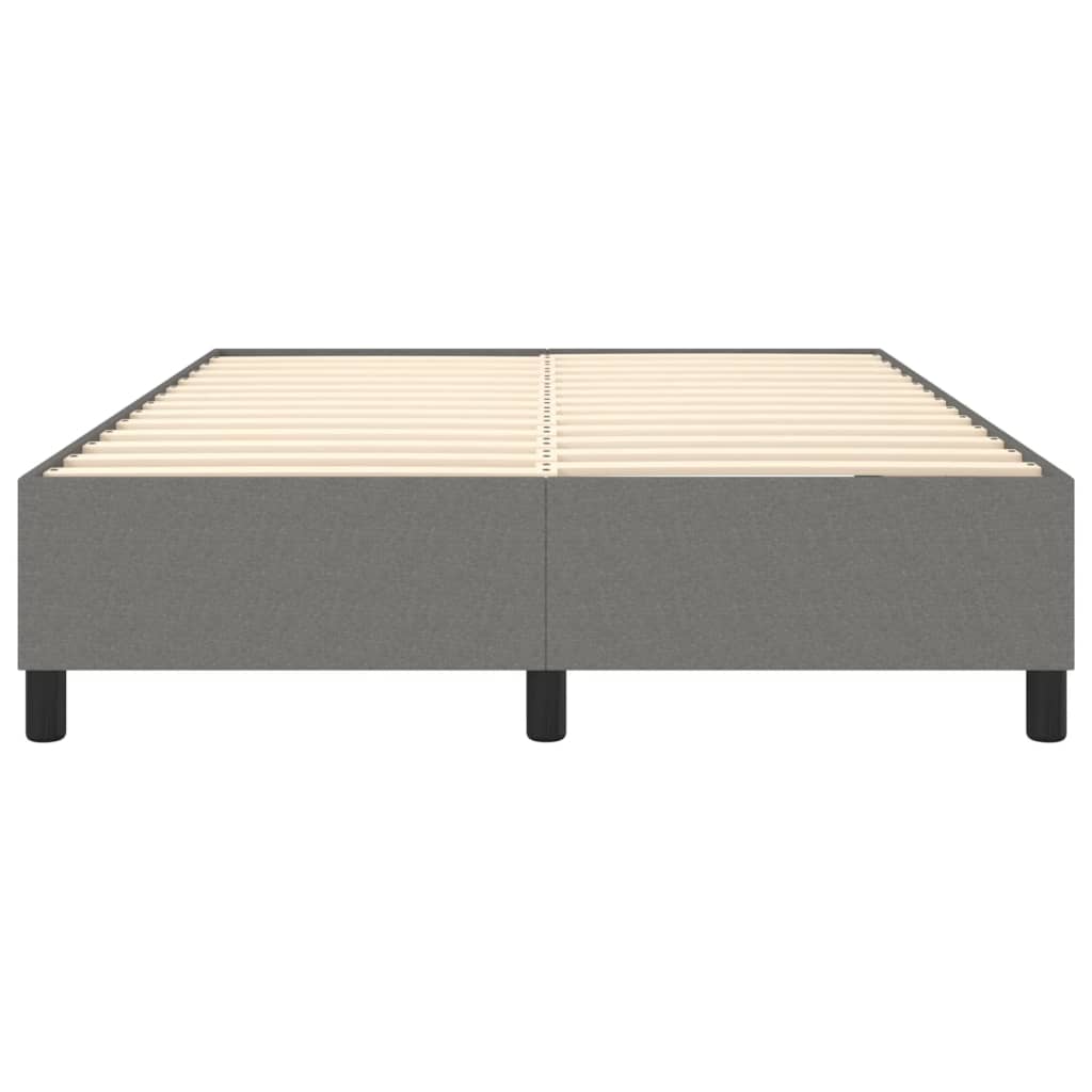 Gray fabric platform bed frame with wooden slats