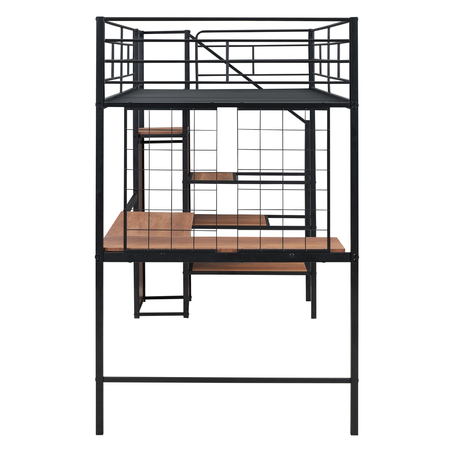 Black metal loft bed with desk and shelves