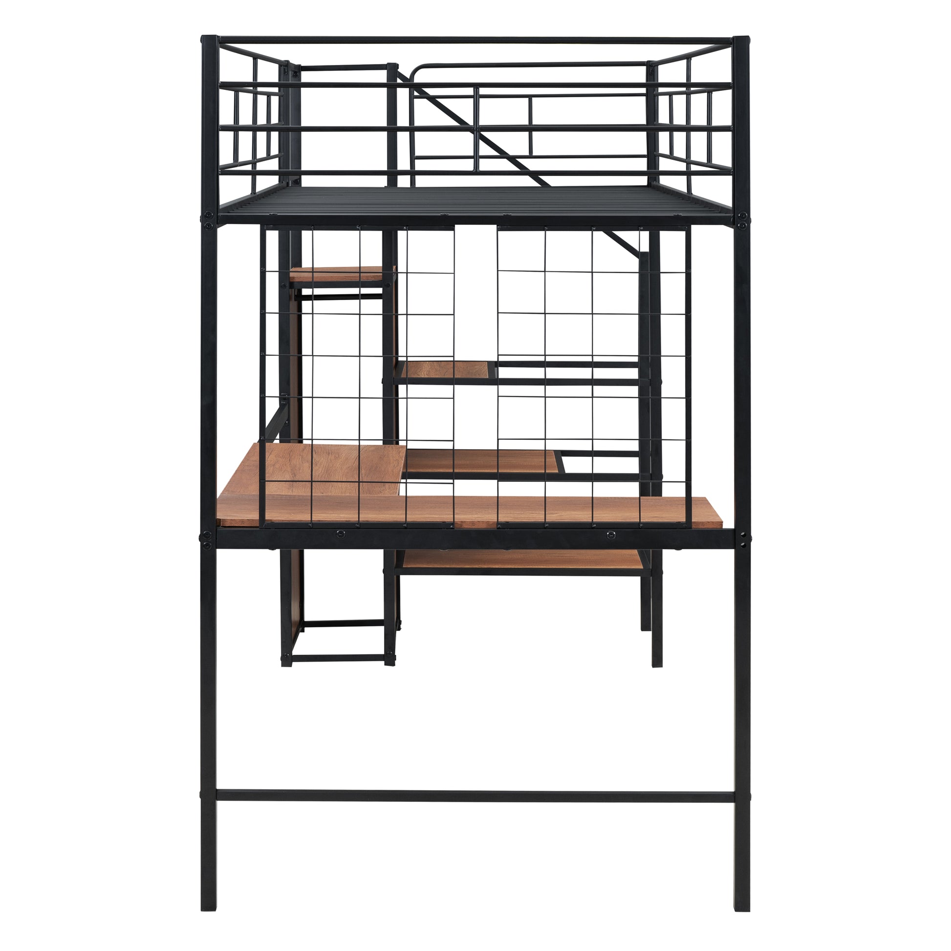 Black metal loft bed with desk and shelves