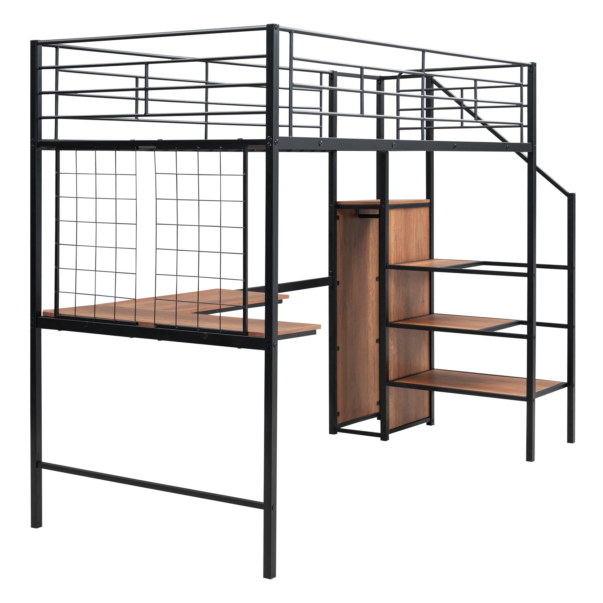 Black metal loft bed with integrated desk and stairs