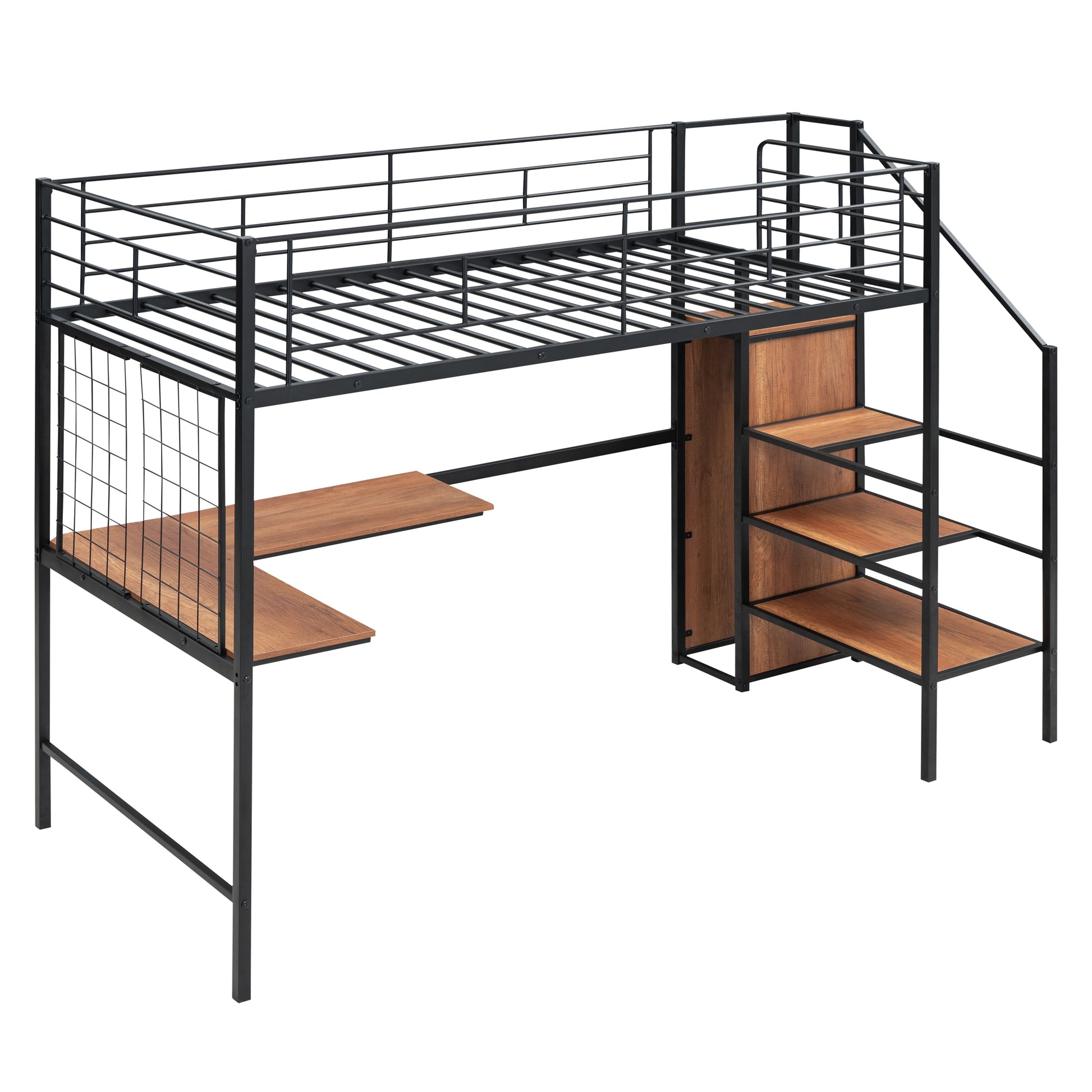 Black metal loft bed with integrated desk and shelving