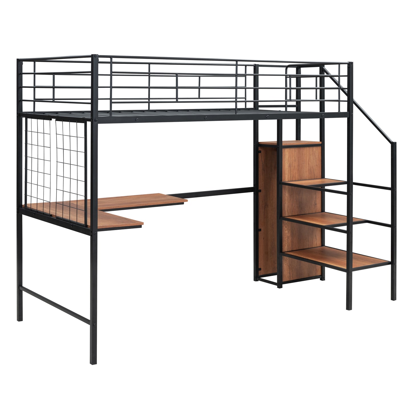 Black metal loft bed with builtin desk and shelves