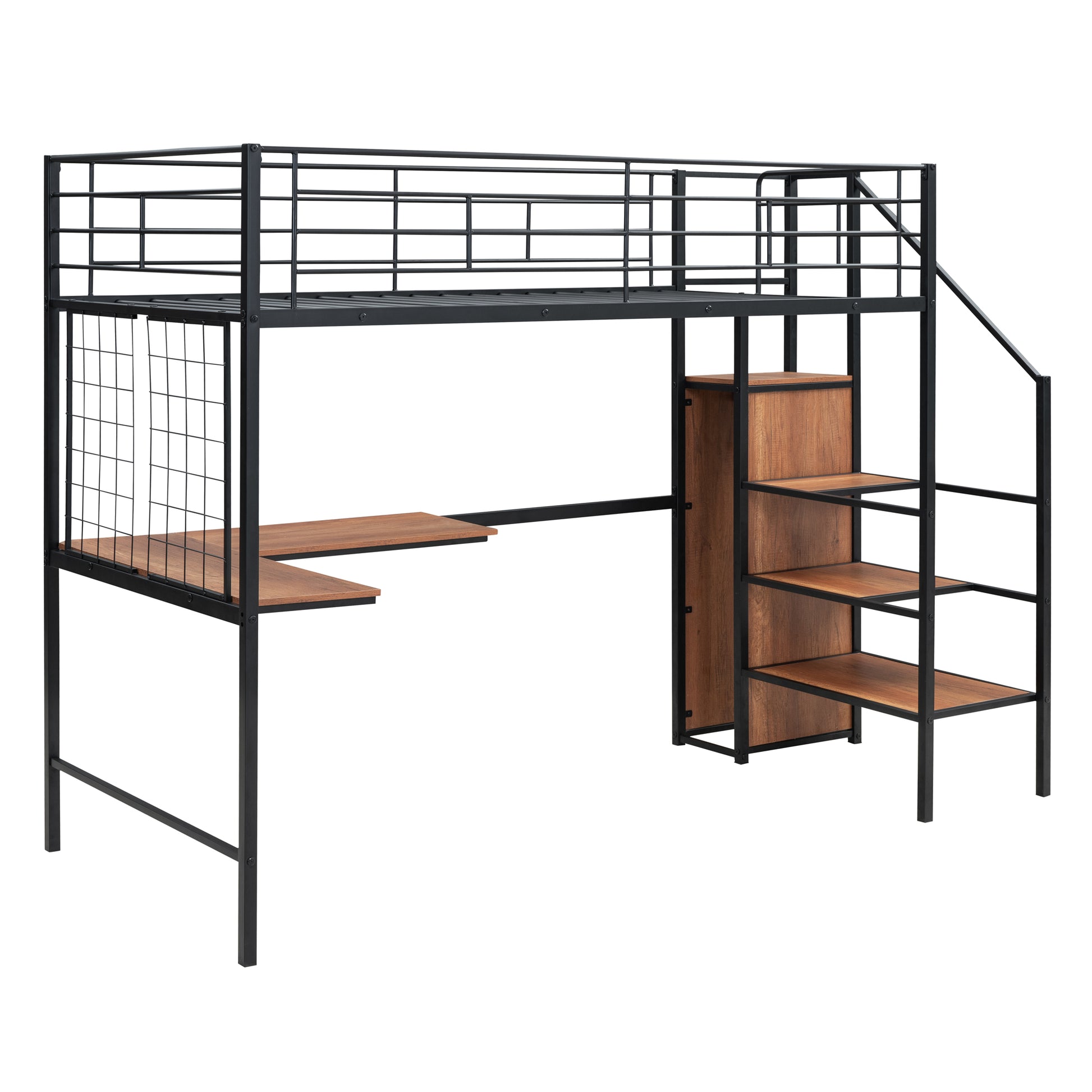 Black metal loft bed with builtin desk and shelves