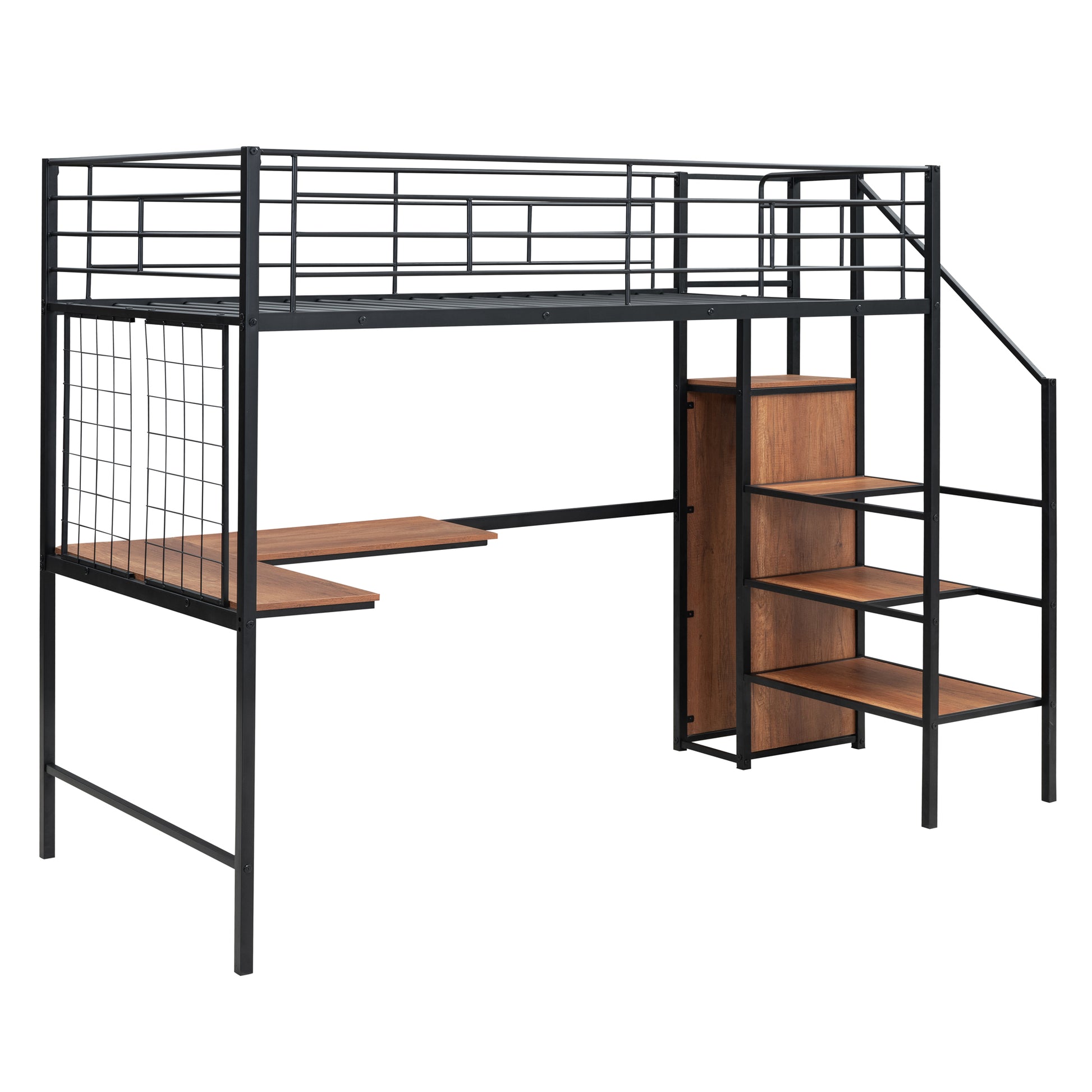 Black metal loft bed with integrated desk and shelves