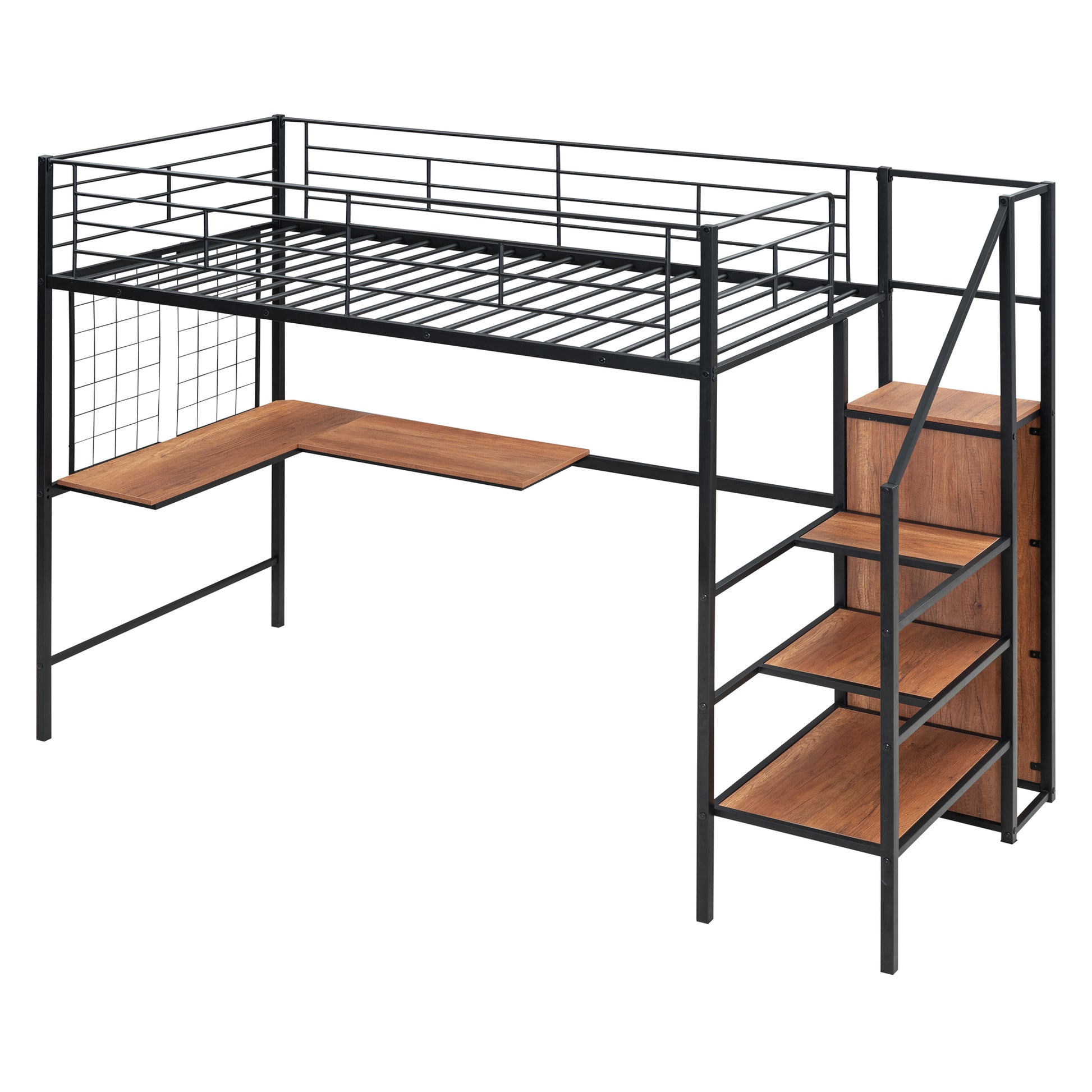 Black metal loft bed with integrated Lshaped desk and wooden steps