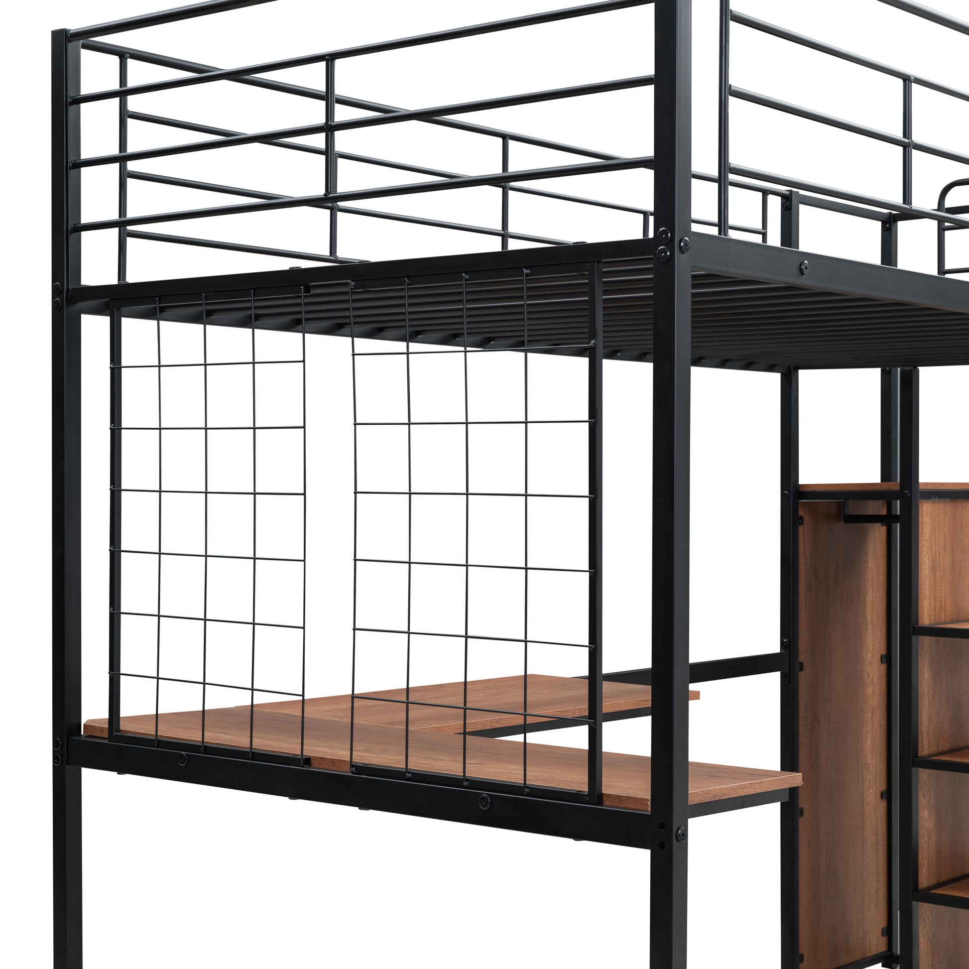 Black metal twin loft bed with wood desk and shelves