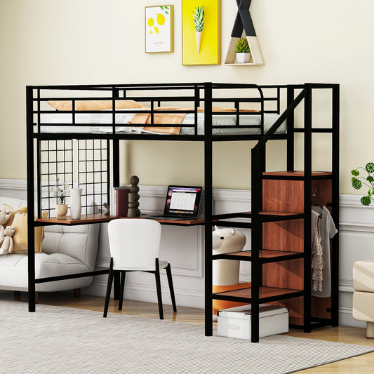 Black metal loft bed with integrated desk and wooden shelves