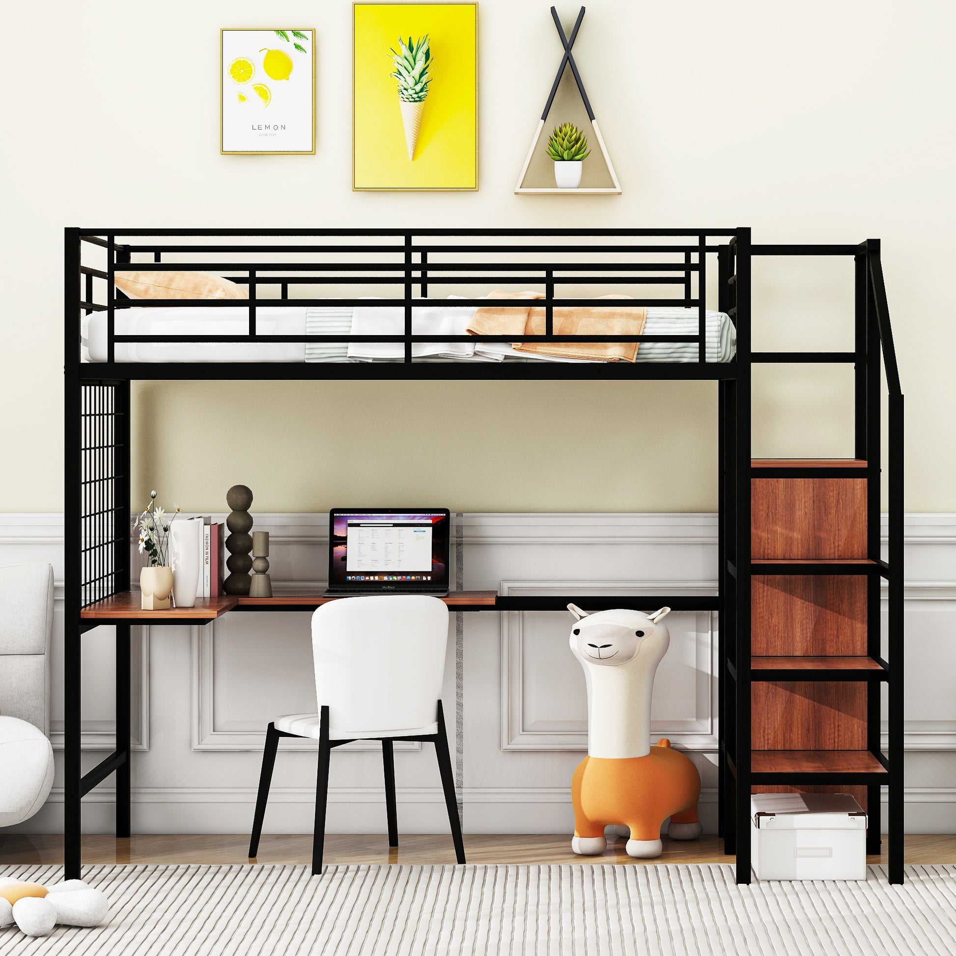 Black metal loft bed with desk and wooden ladder steps