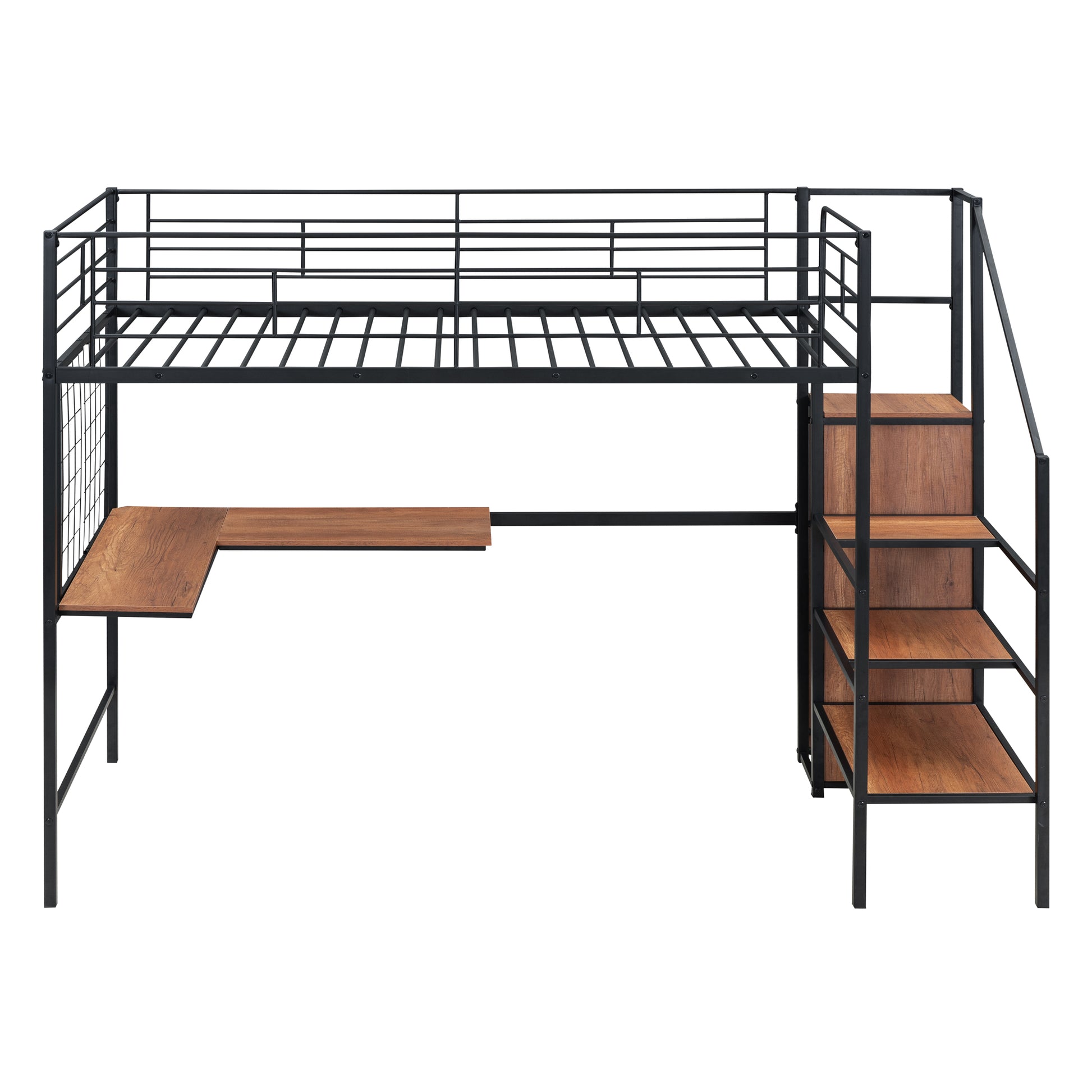 Black metal loft bed with desk and stairs