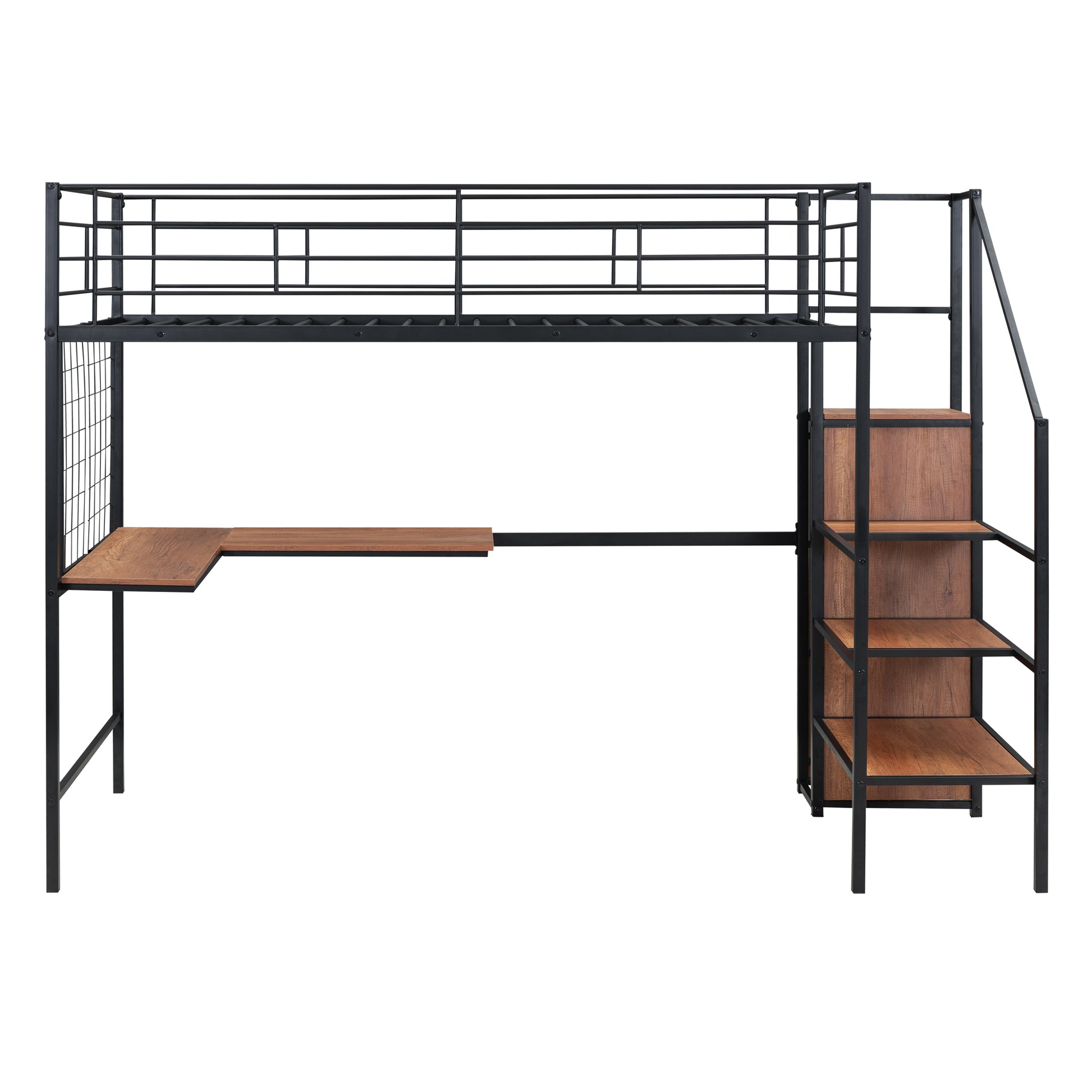 Black metal loft bed with integrated desk and shelving