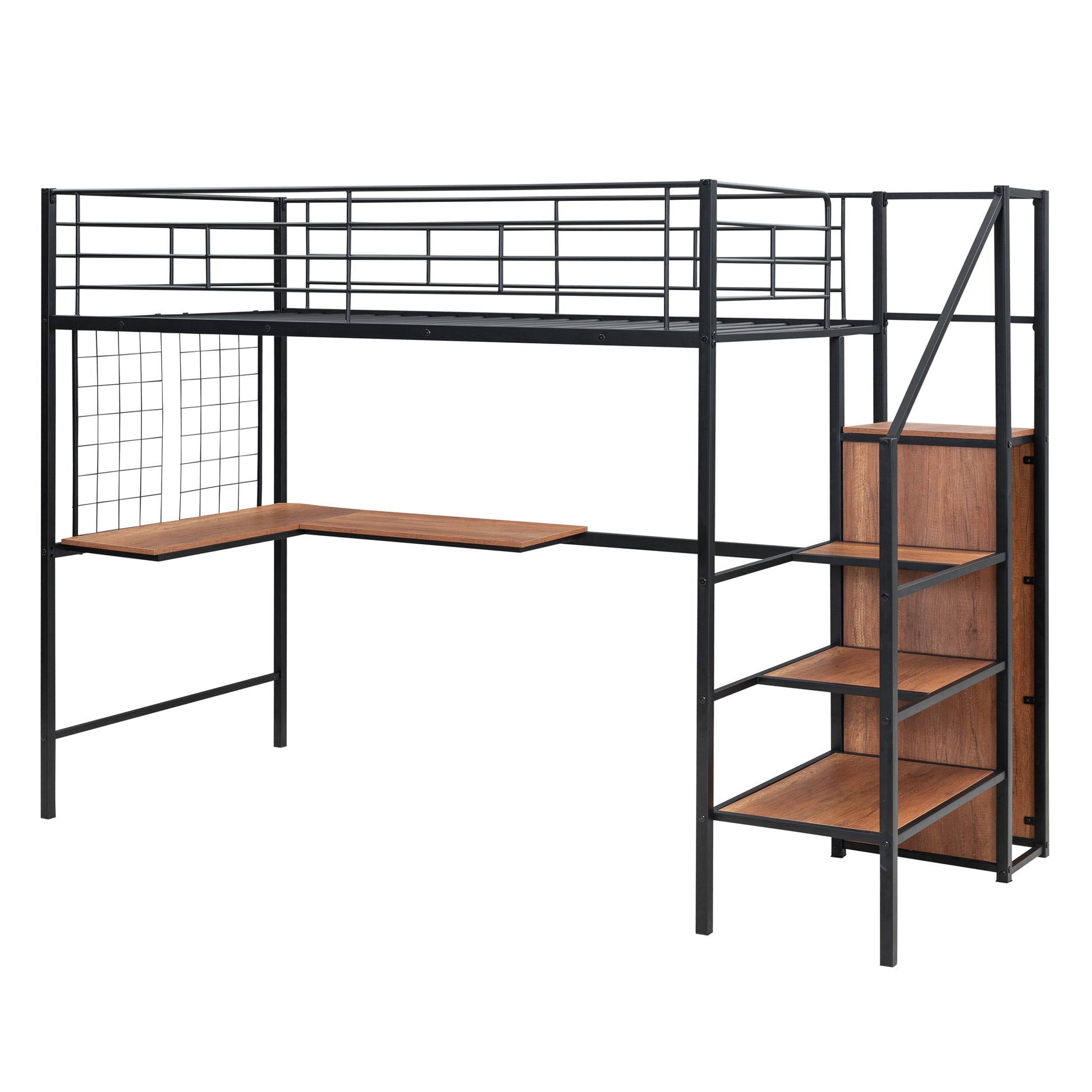Black metal loft bed with integrated Lshaped desk and wood shelving