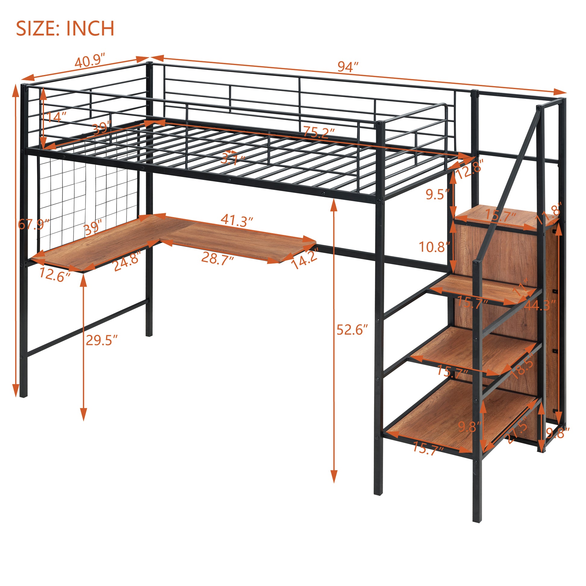 Black metal loft bed with Lshaped wood desk and integrated shelving