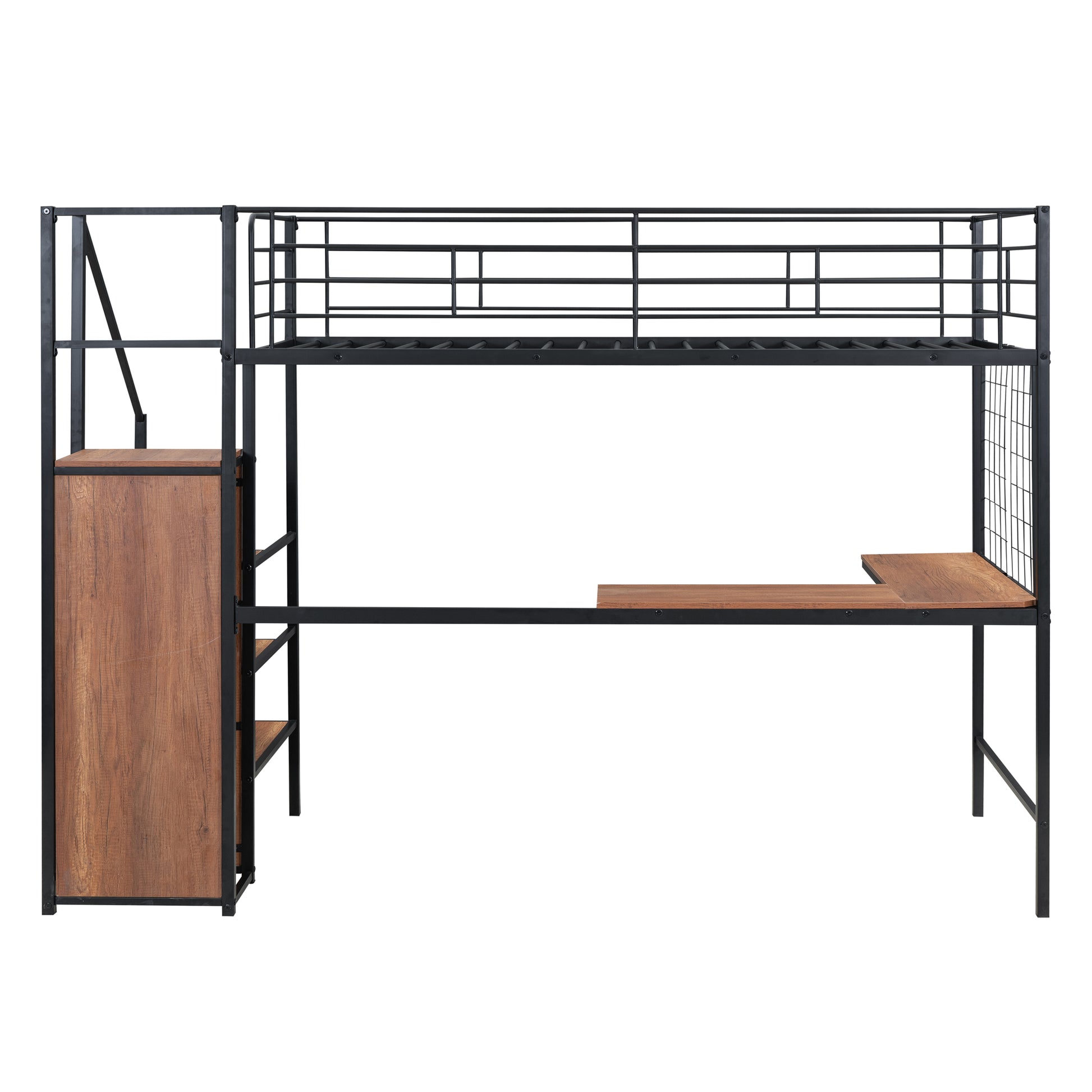 Black metal twin loft bed with integrated desk and storage shelves