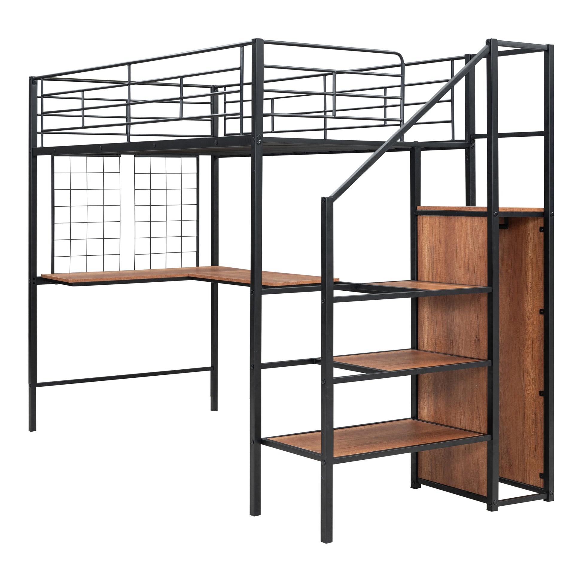 Black metal loft bed with integrated desk and shelves