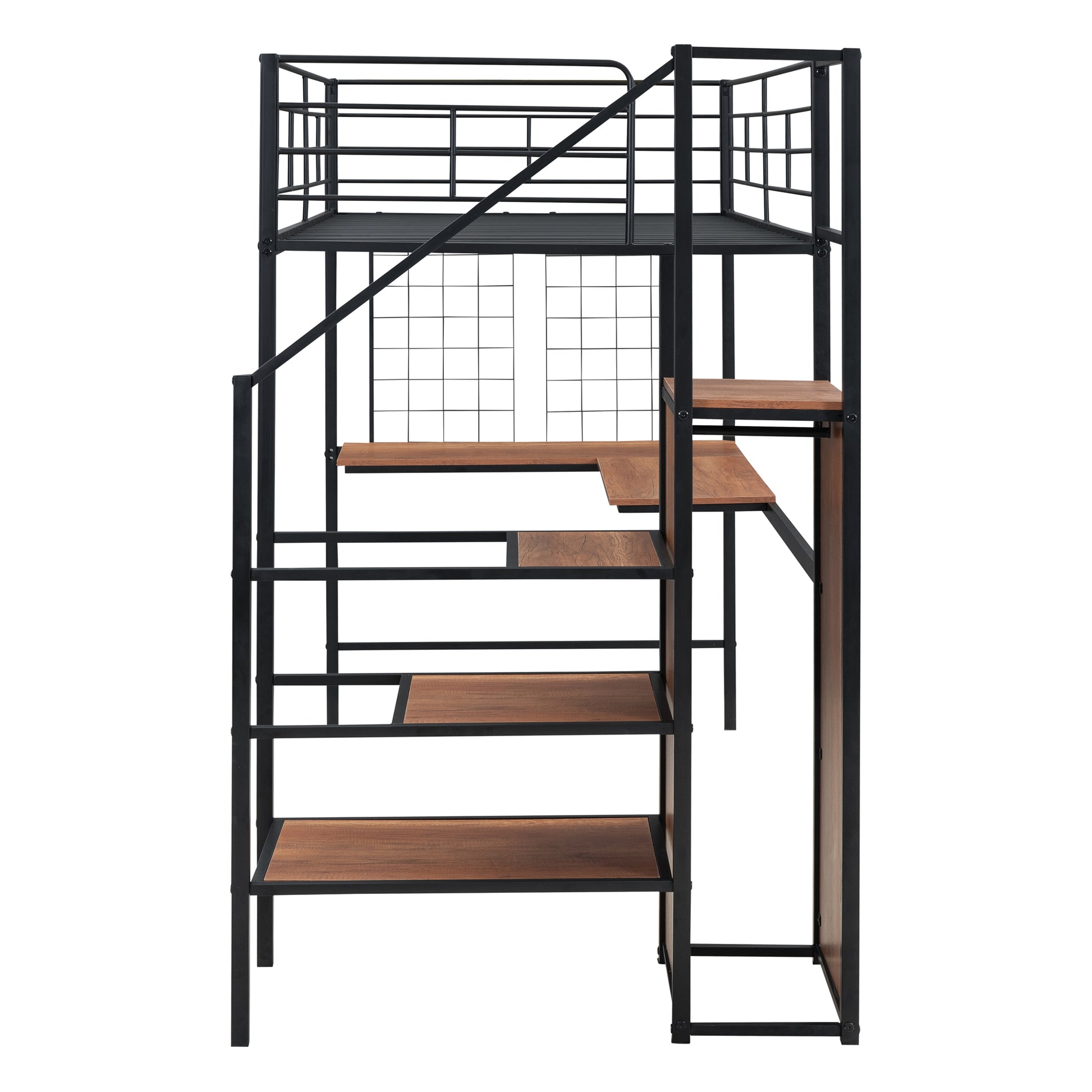 Black metal loft bed frame with wood shelves