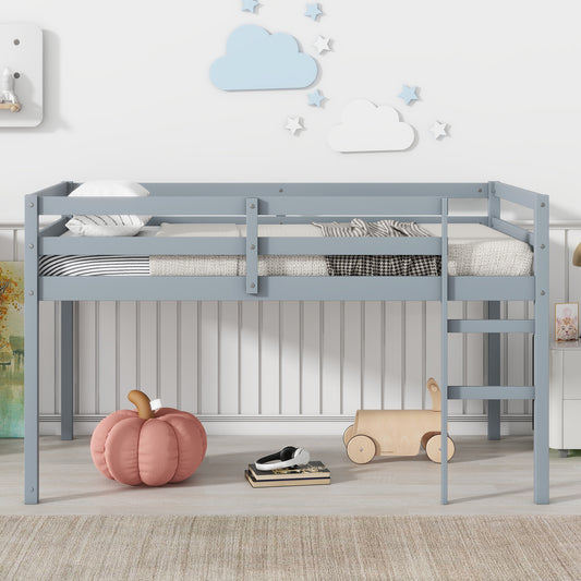 Blue wooden loft bed with pillows and blankets for kids