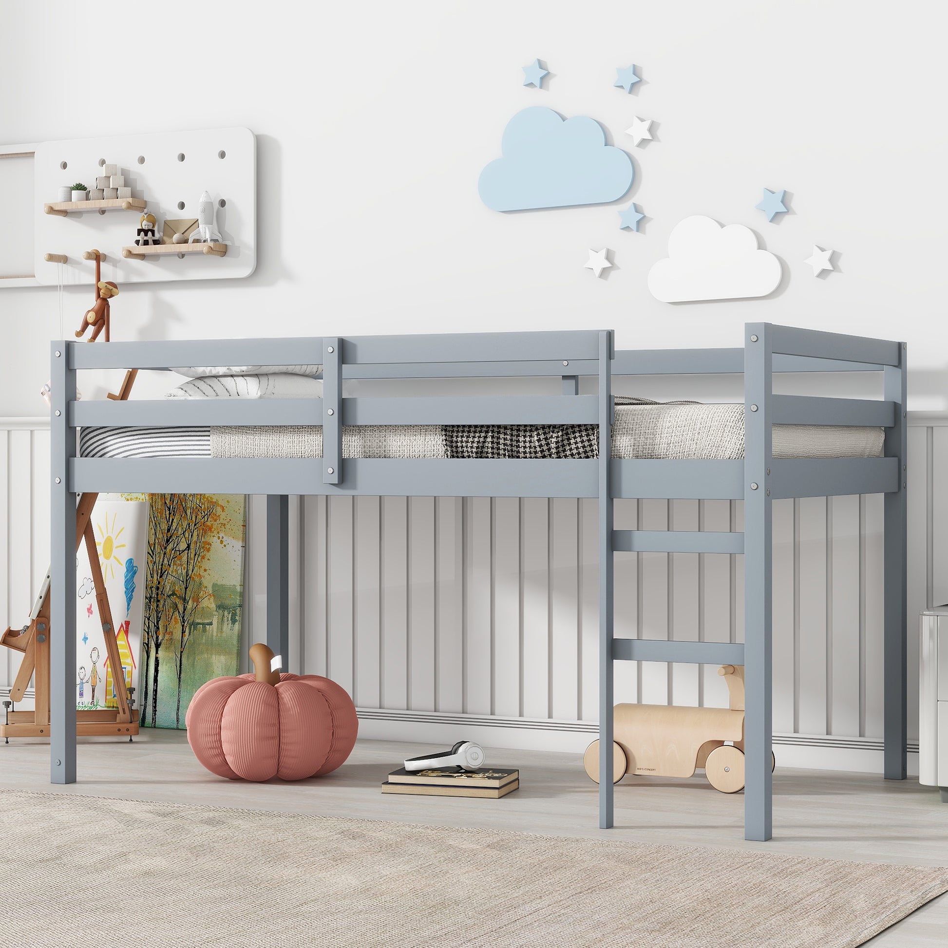 Gray wooden loft bed with ladder and bedding
