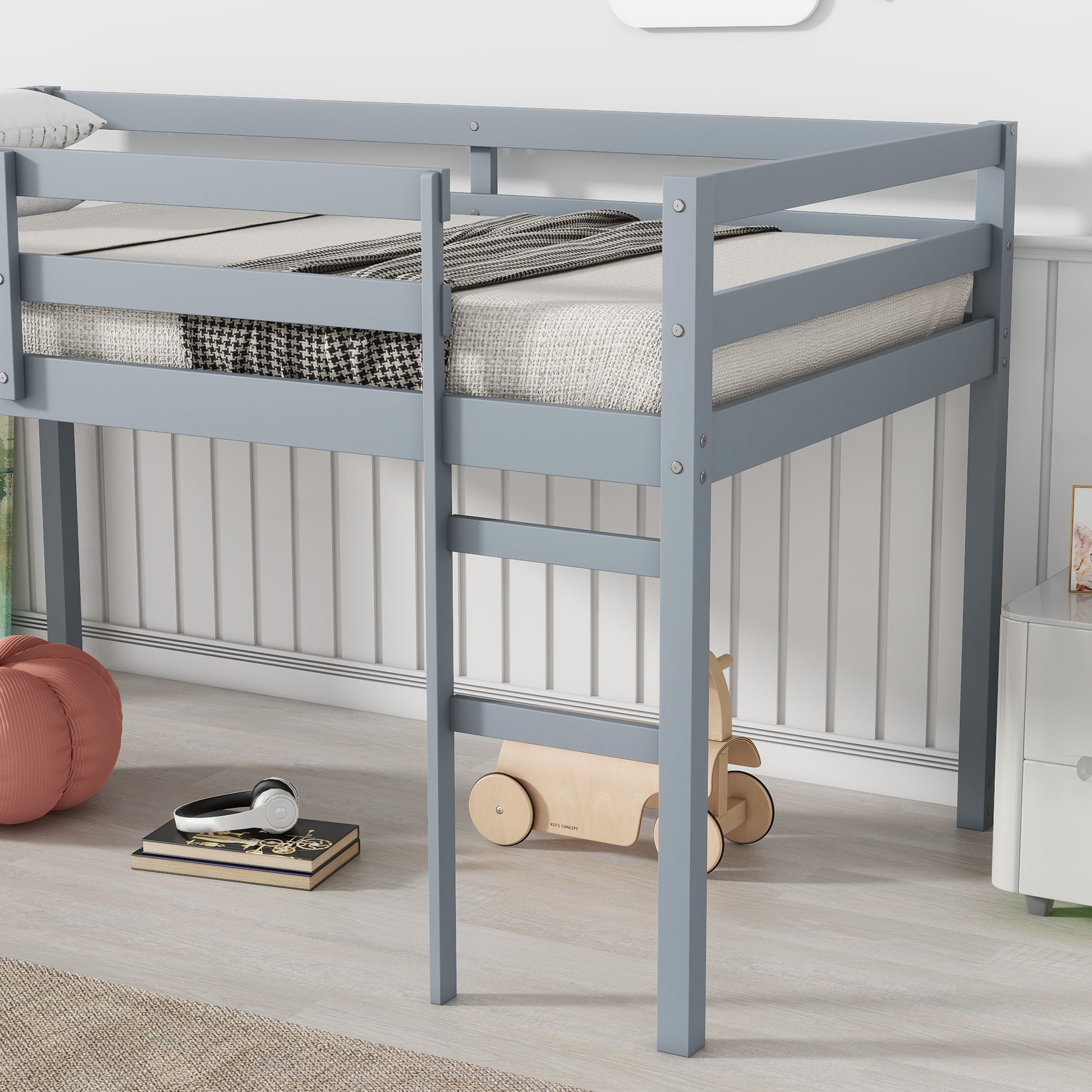 Gray loft bed frame with white mattress and patterned bedding