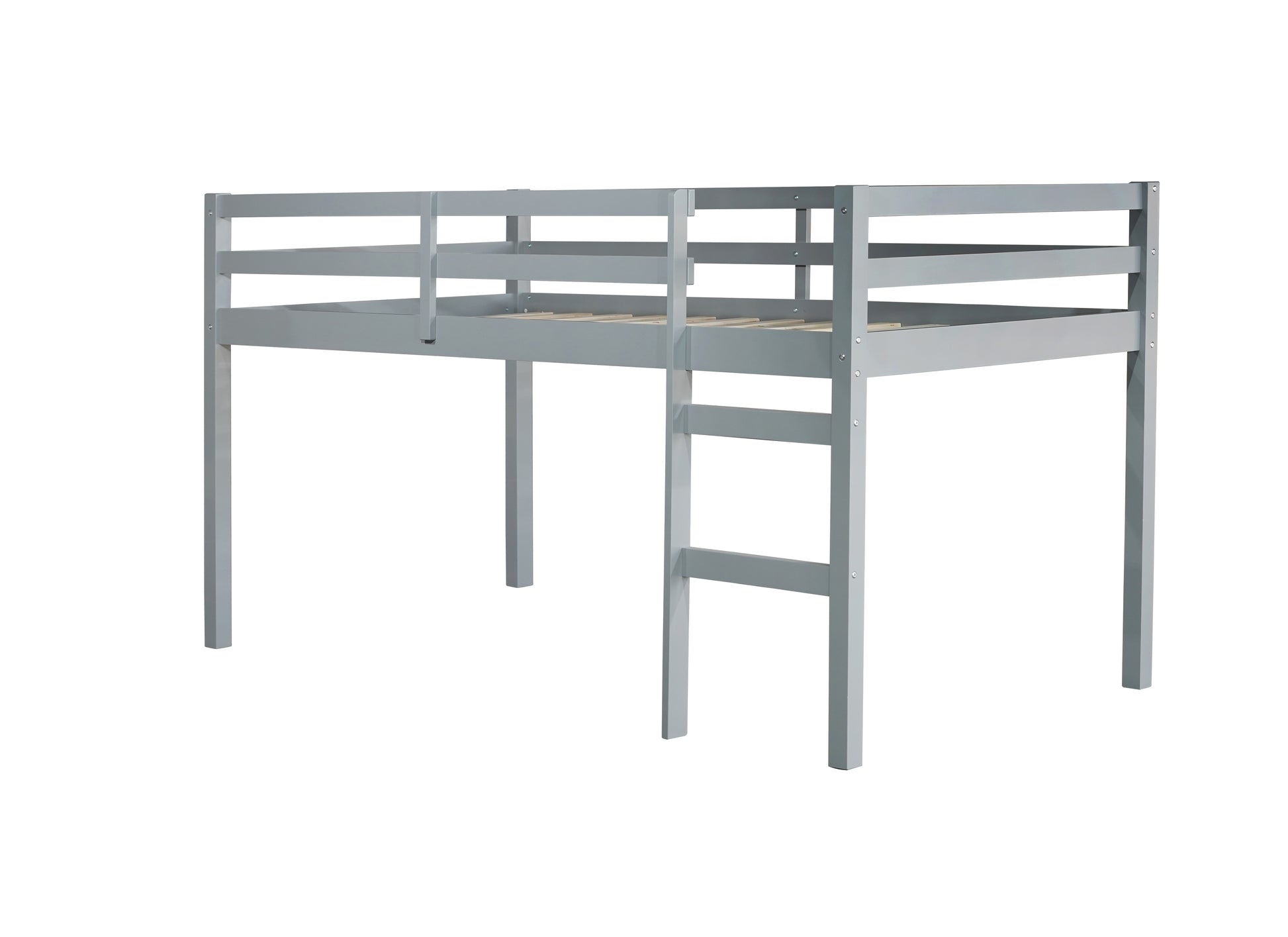 Gray wooden loft bed frame with ladder and slatted base for spacesaving
