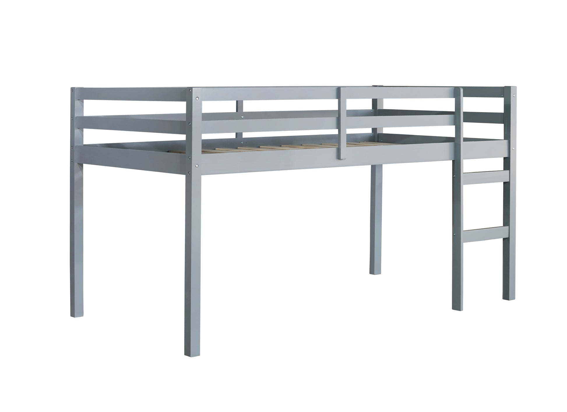 Gray wooden loft bed with ladder and guardrails