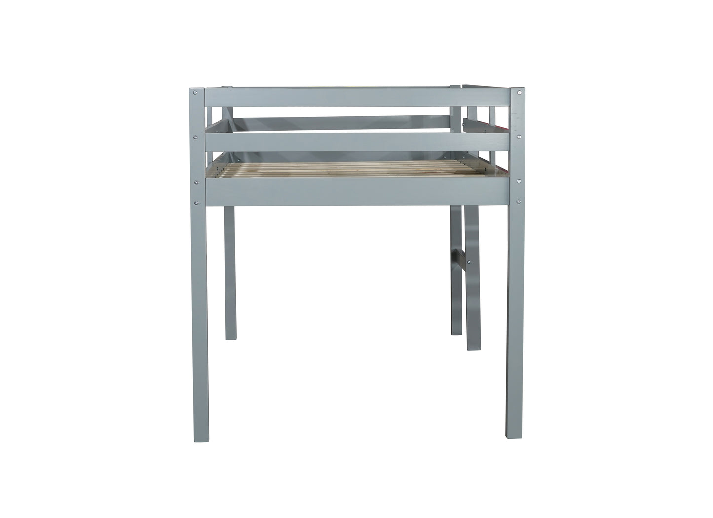 Gray metal twin loft bed frame with wooden slats