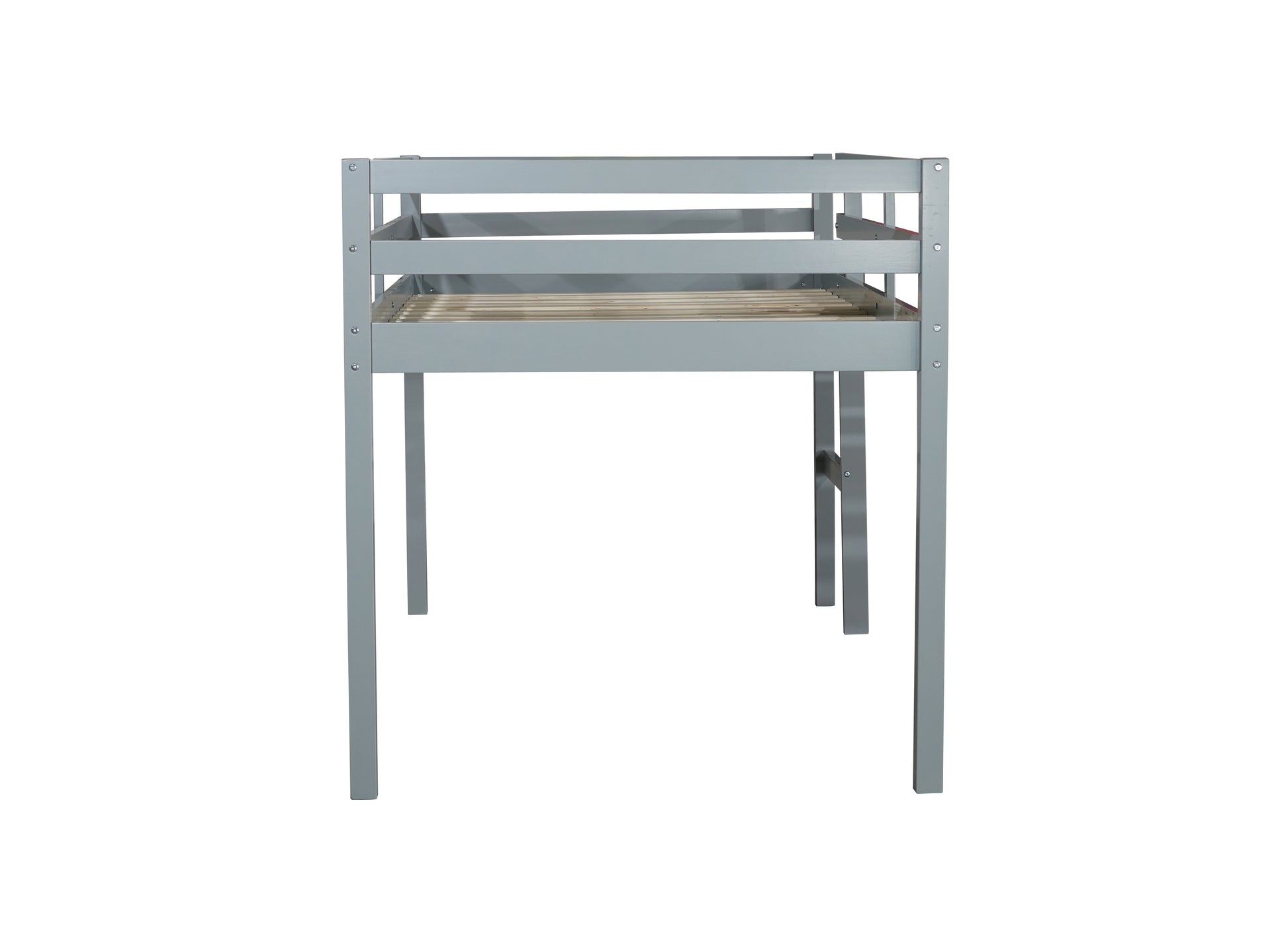 Gray metal twin loft bed frame with wooden slats