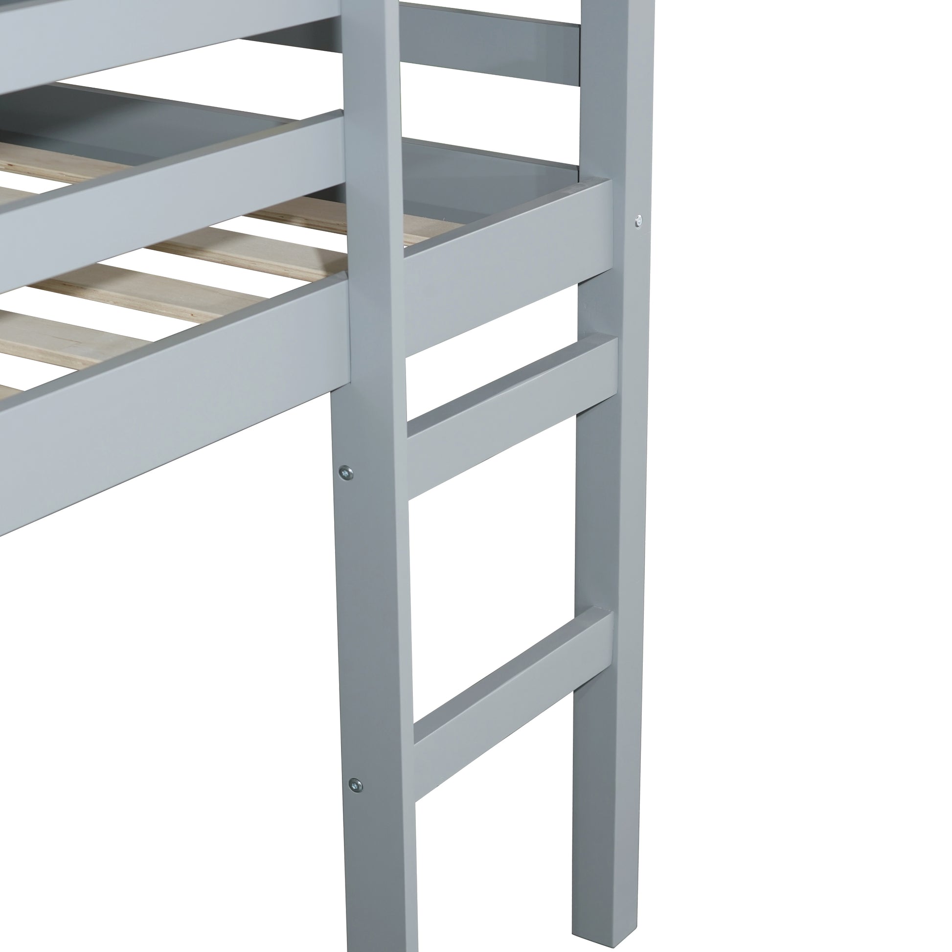 Closeup of a grey wooden bunk bed ladder detail with slatted base