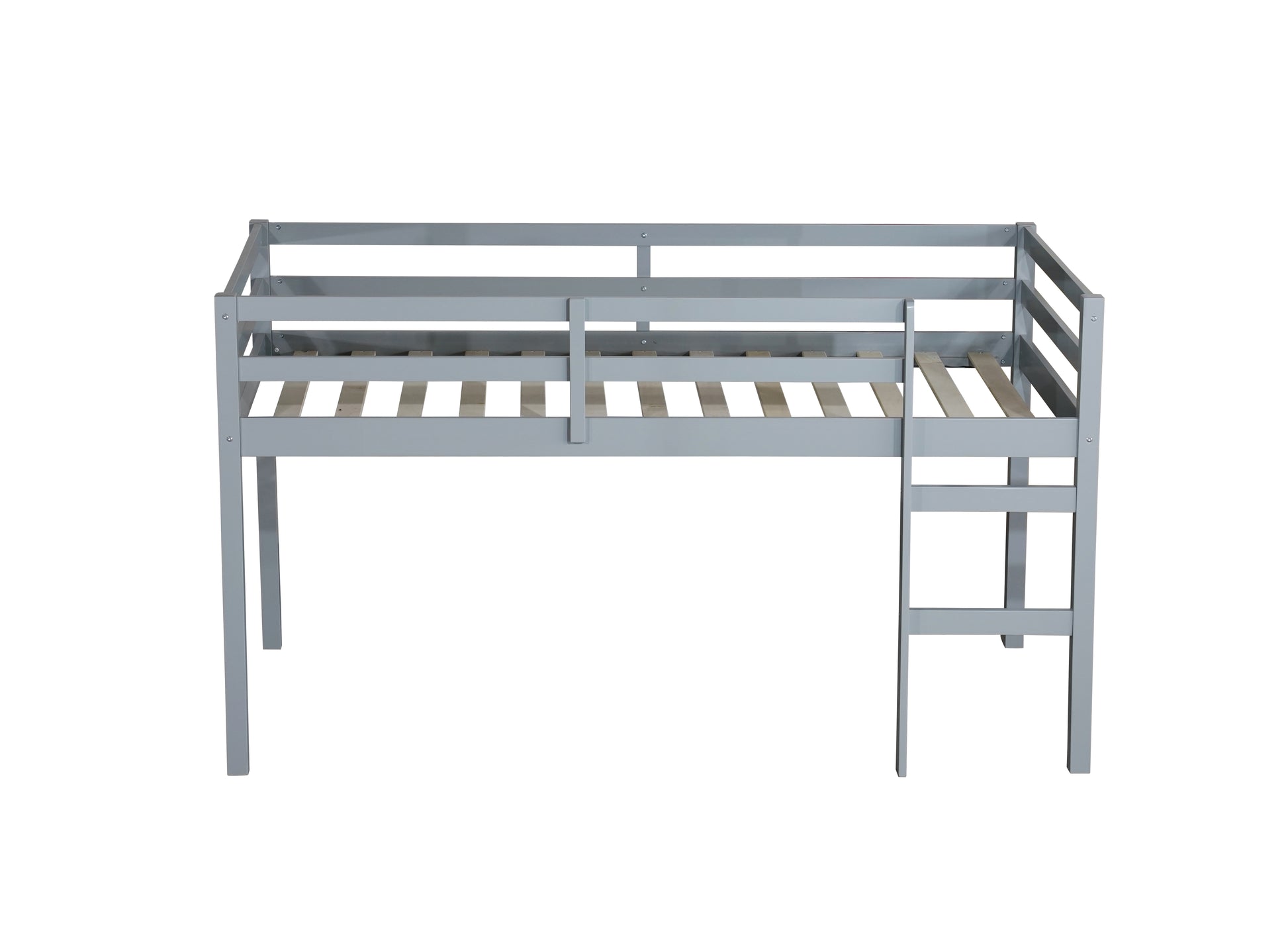 Gray wooden loft bed with integrated ladder and safety rails