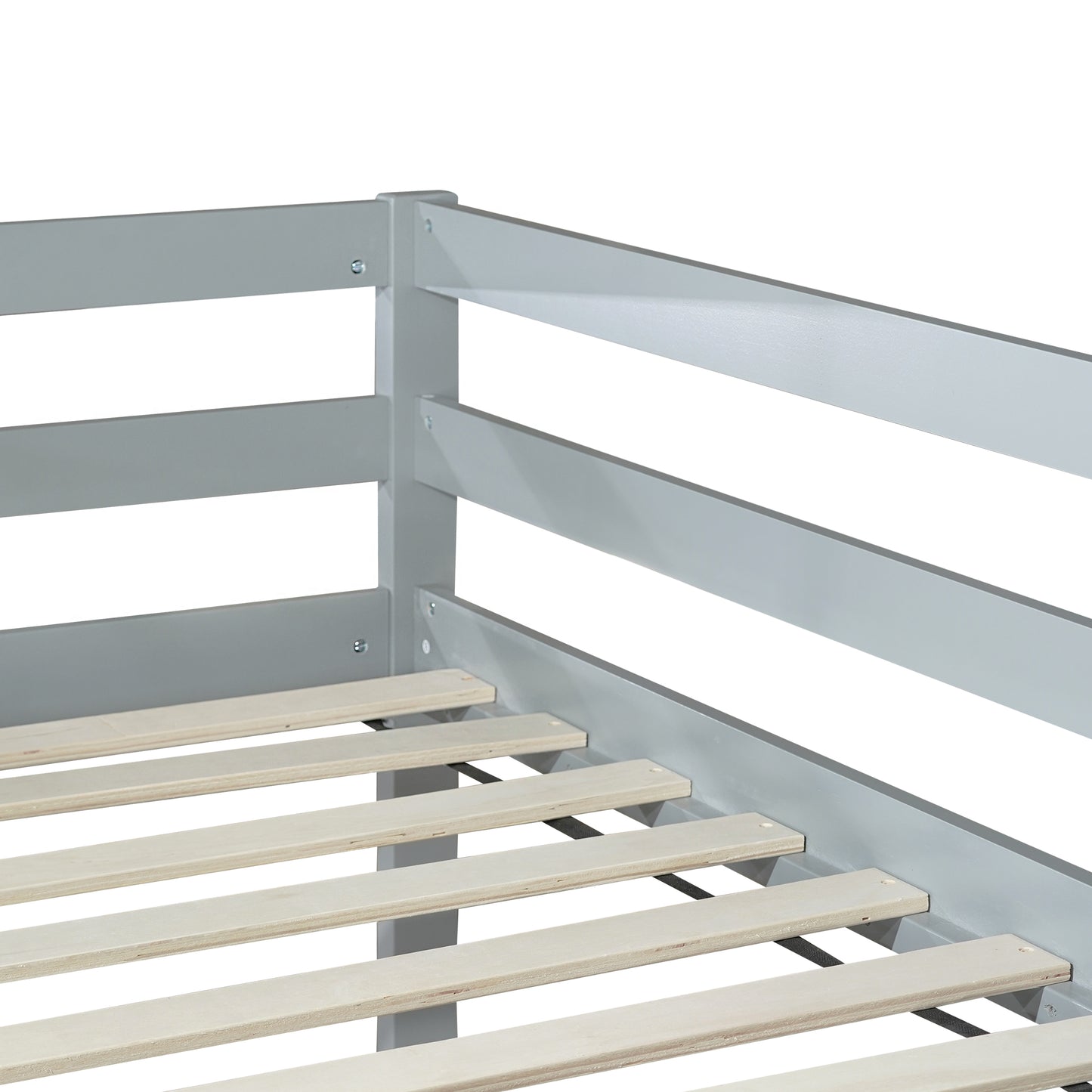 Closeup of a grey wooden bed frame with wooden slats