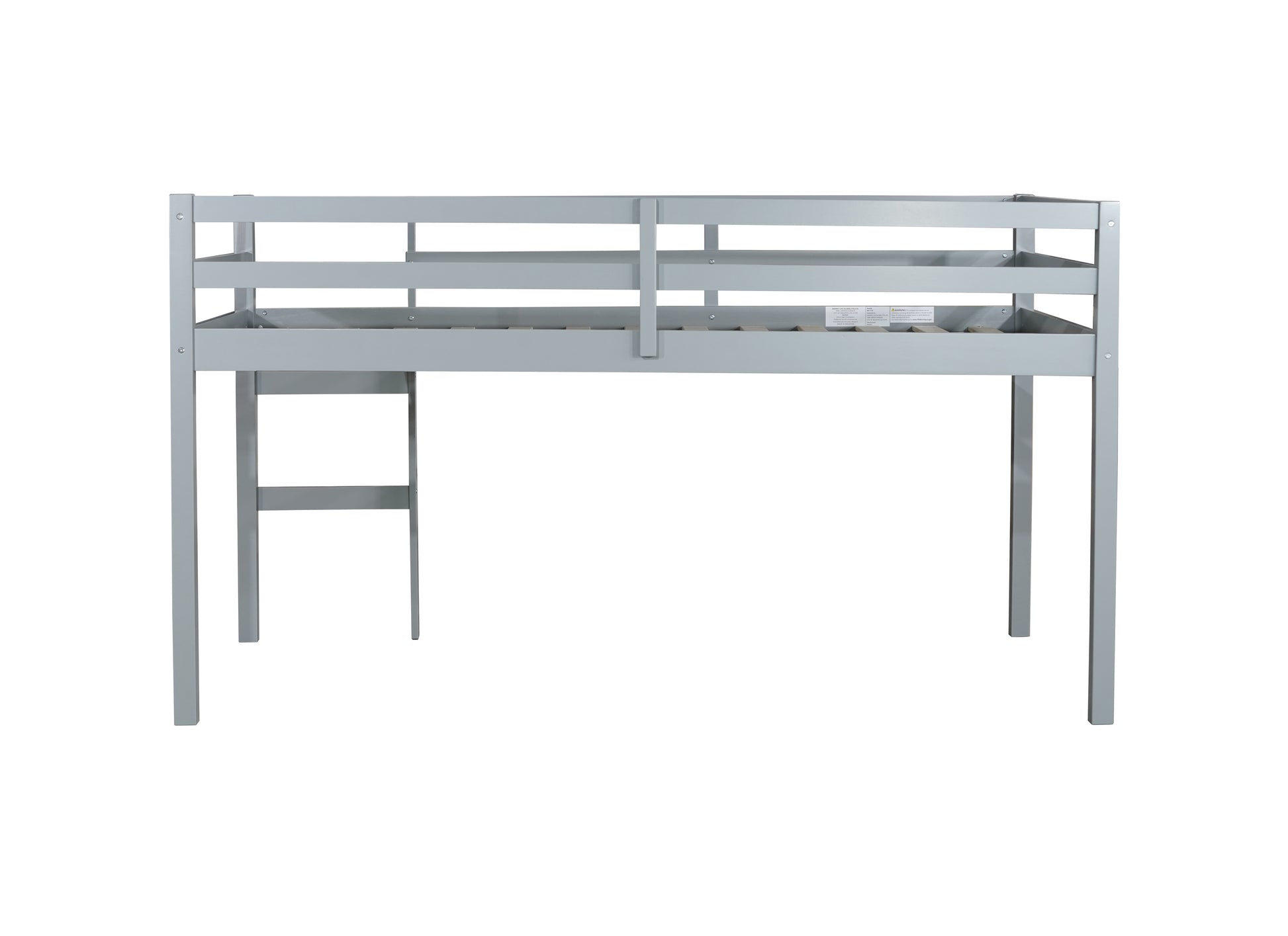 Gray metal loft bed with ladder and safety rails for kids rooms