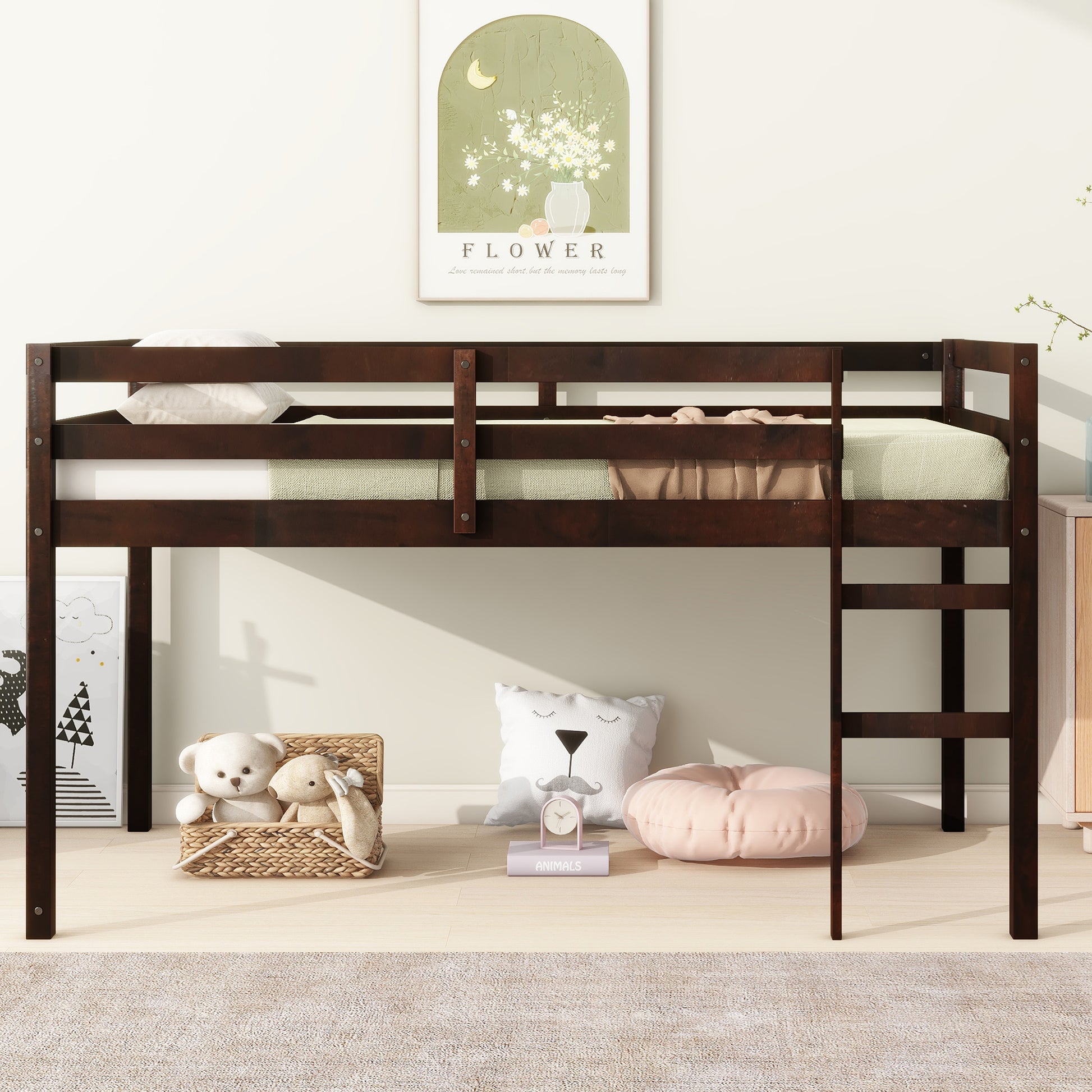 Dark brown wooden loft bed with ladder for kids