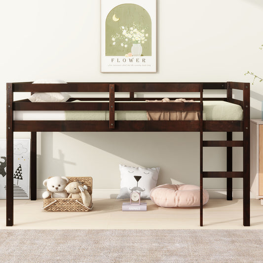 Dark brown wooden loft bed with ladder for kids