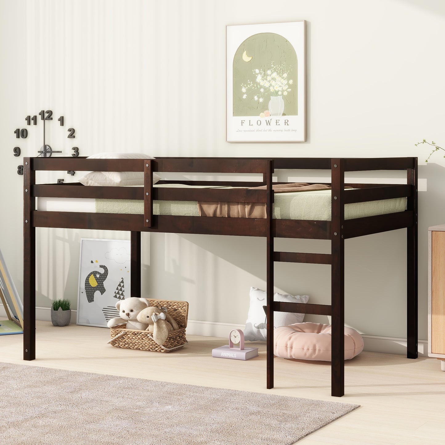Dark brown twin loft bed with safety rails and wooden mattress support slats