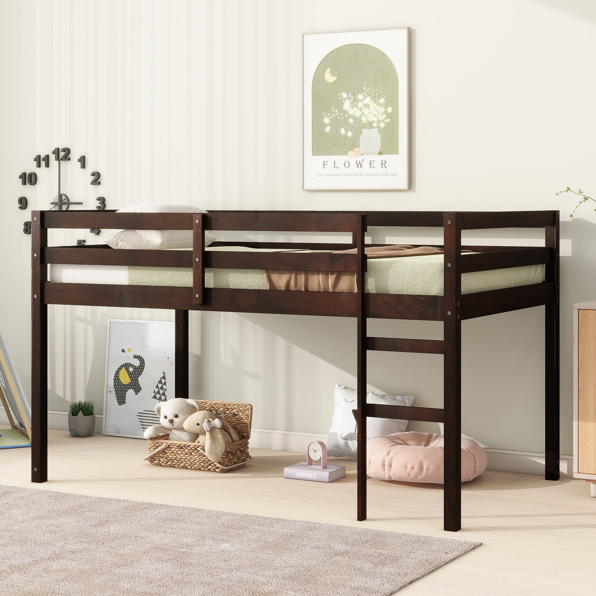 Dark brown twin loft bed with safety rails and wooden mattress support slats
