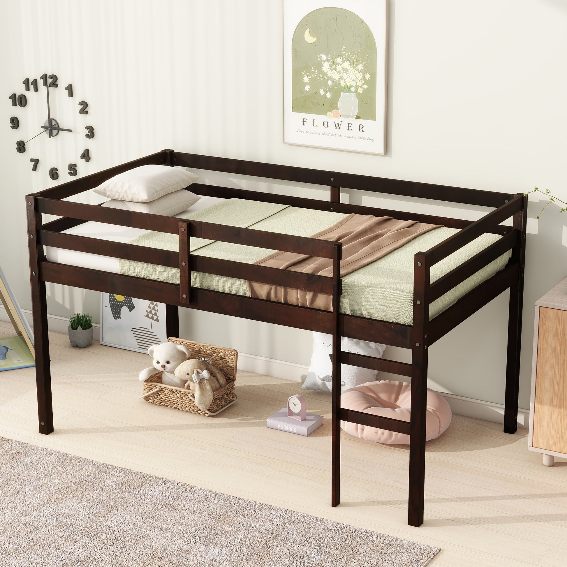 Dark brown wooden loft bed with white mattress and light green bedding