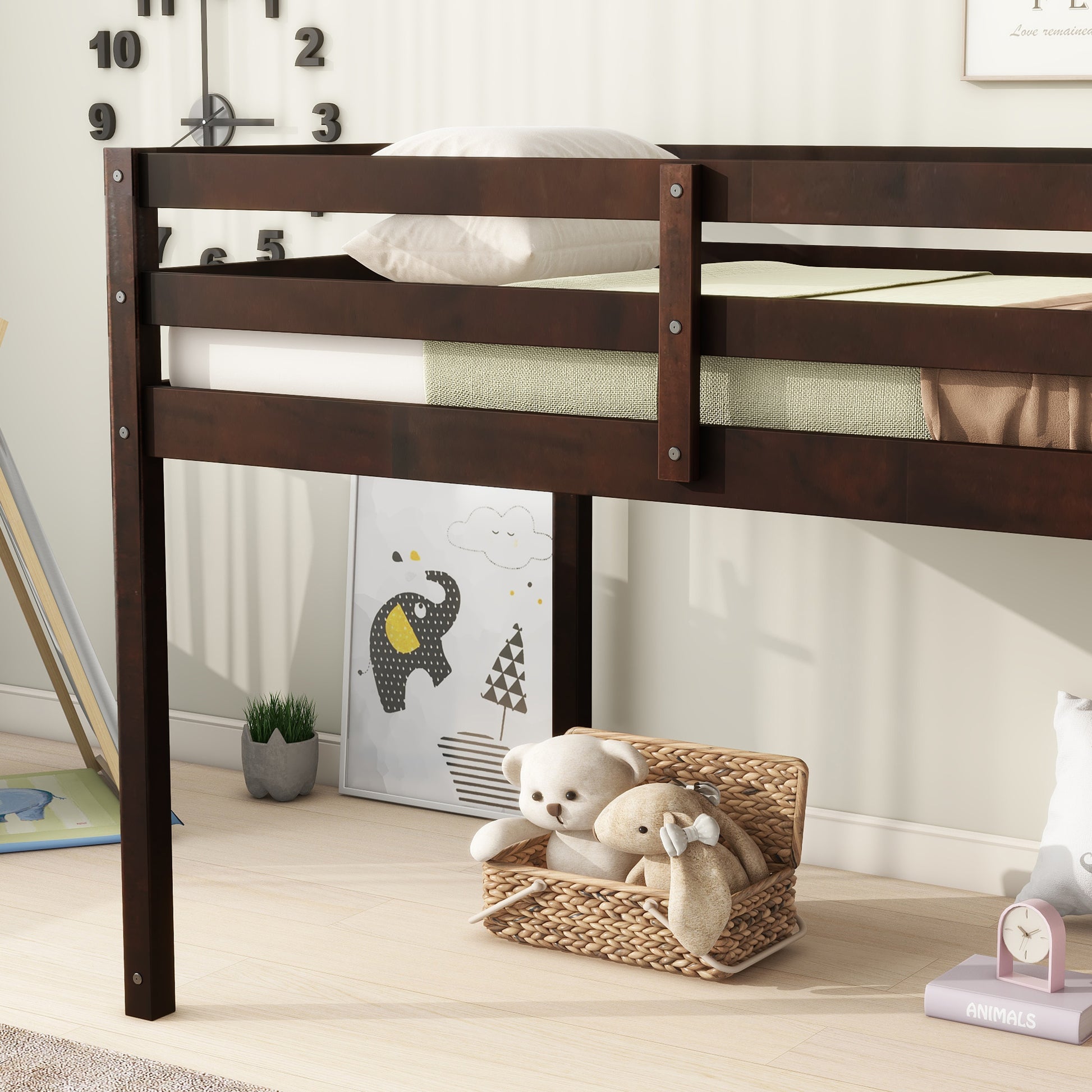Dark wood loft bed with white bedding